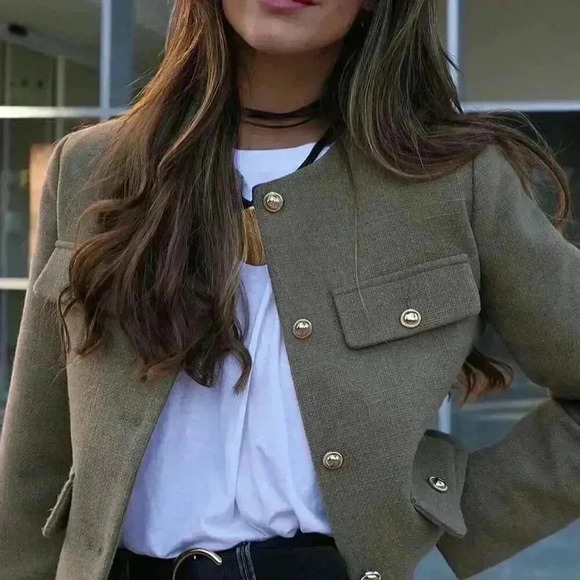 Khaki Casual Women's Tweed Jacket Round Neckline Decorated Long Sleeves Coat - Picture 3 of 8